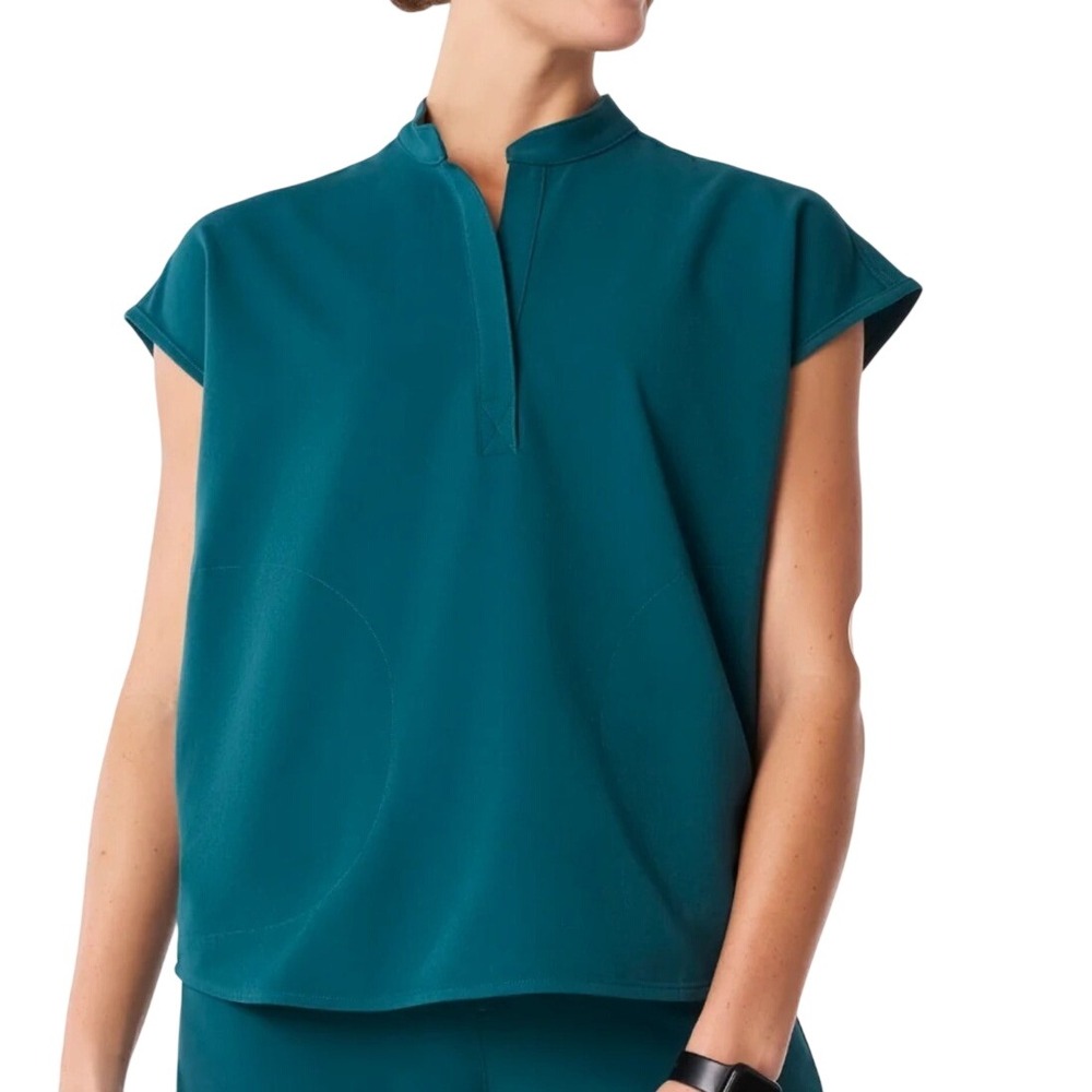 Figs Rafaela Mandarin Collar Scrub Top Medium Teal Blue WXXSW1003 Womens